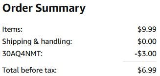 An Amazon order summary ending in $6.99