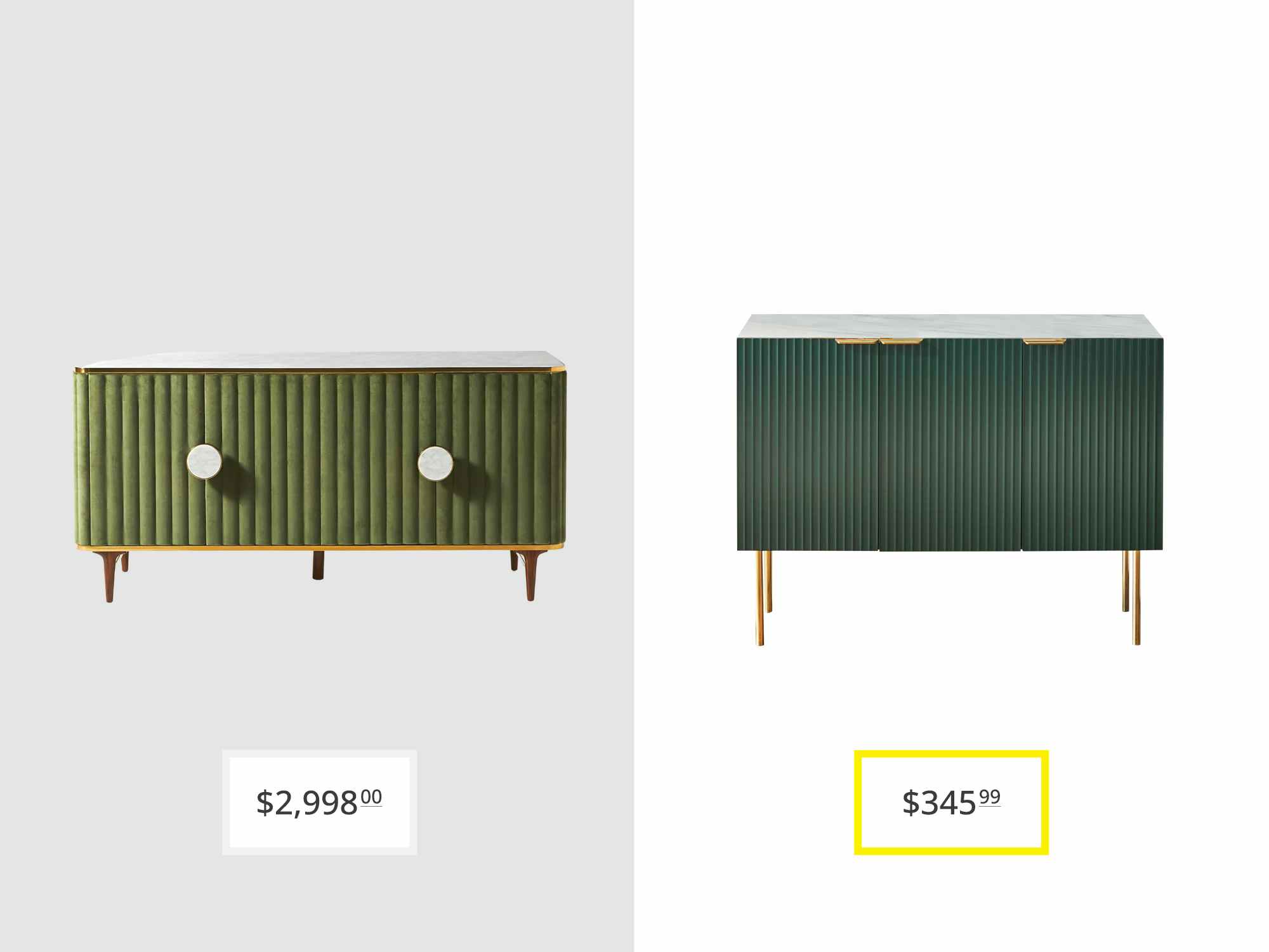 price comparison graphic with green anthropologie juneau velvet buffet and willa arlo interiors santillanes sideboard