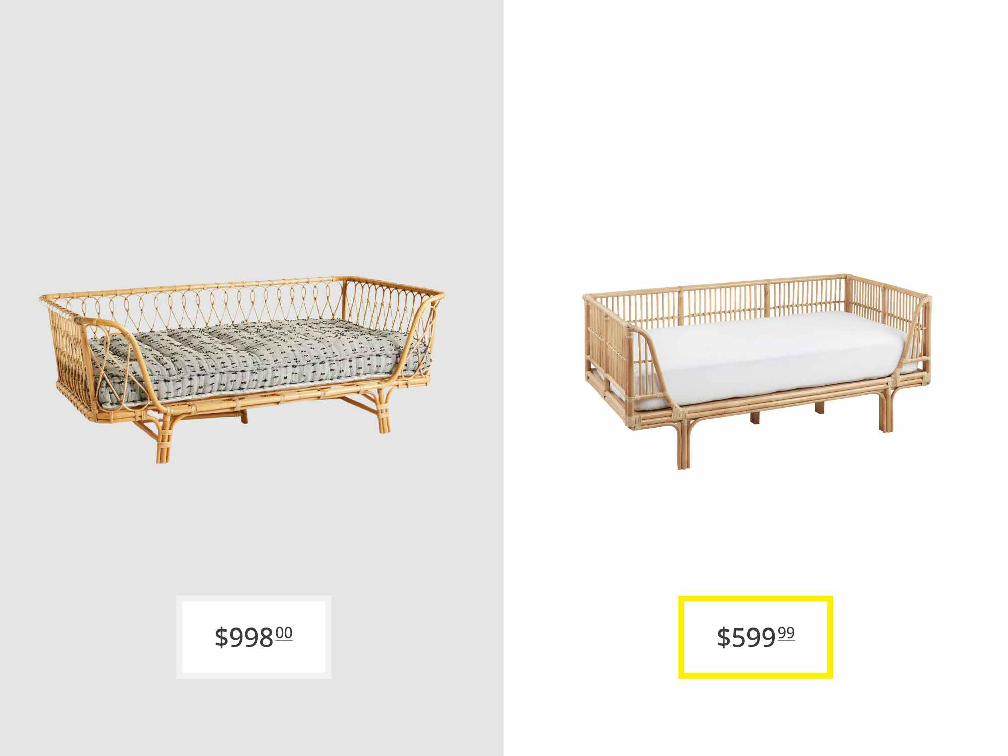 price comparison graphic with anthropologie venus rattan daybed and world market honey rattan daybed