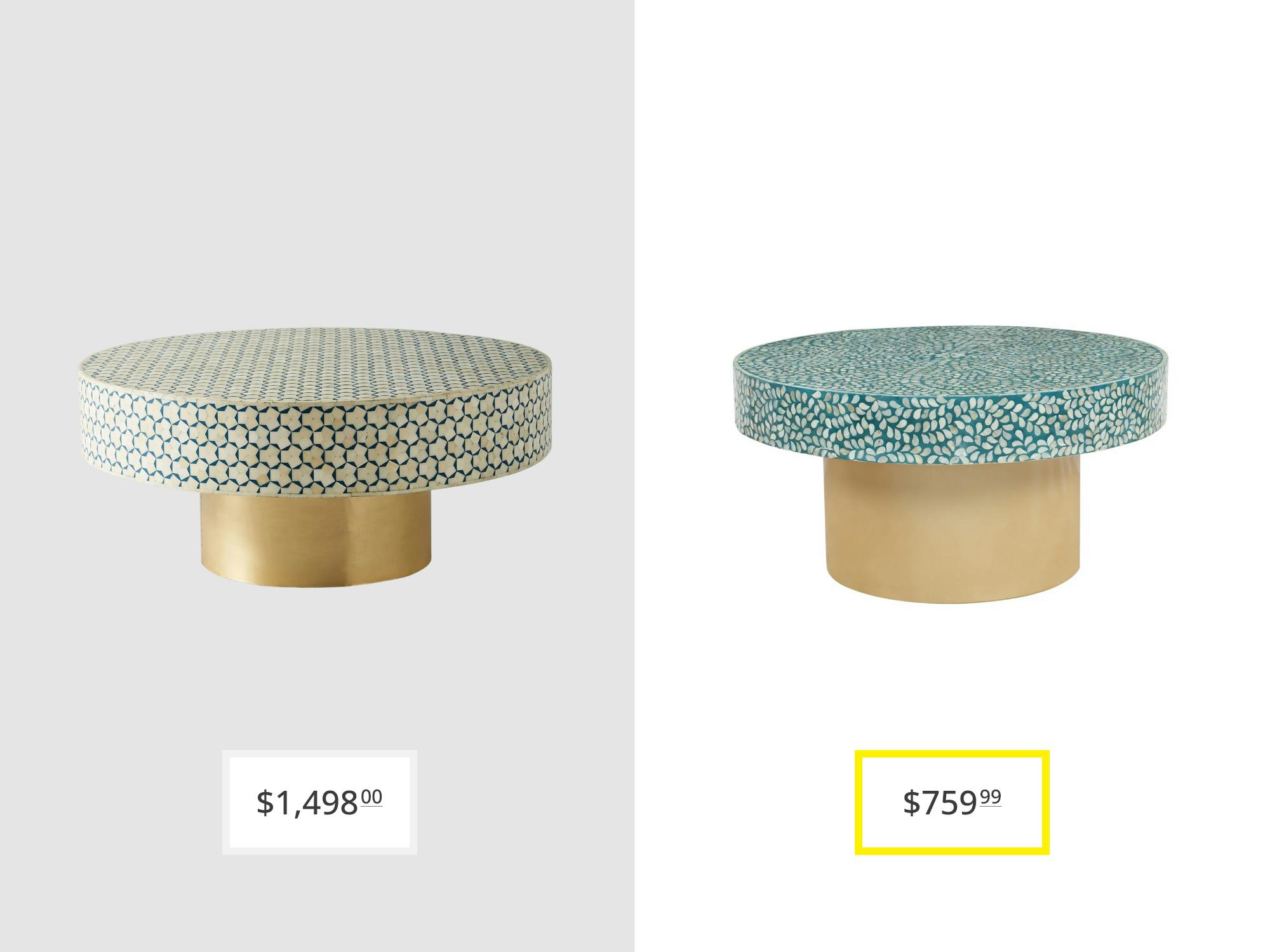 price comparison graphic with anthropologie targua inlay coffee table and anyila coffee table