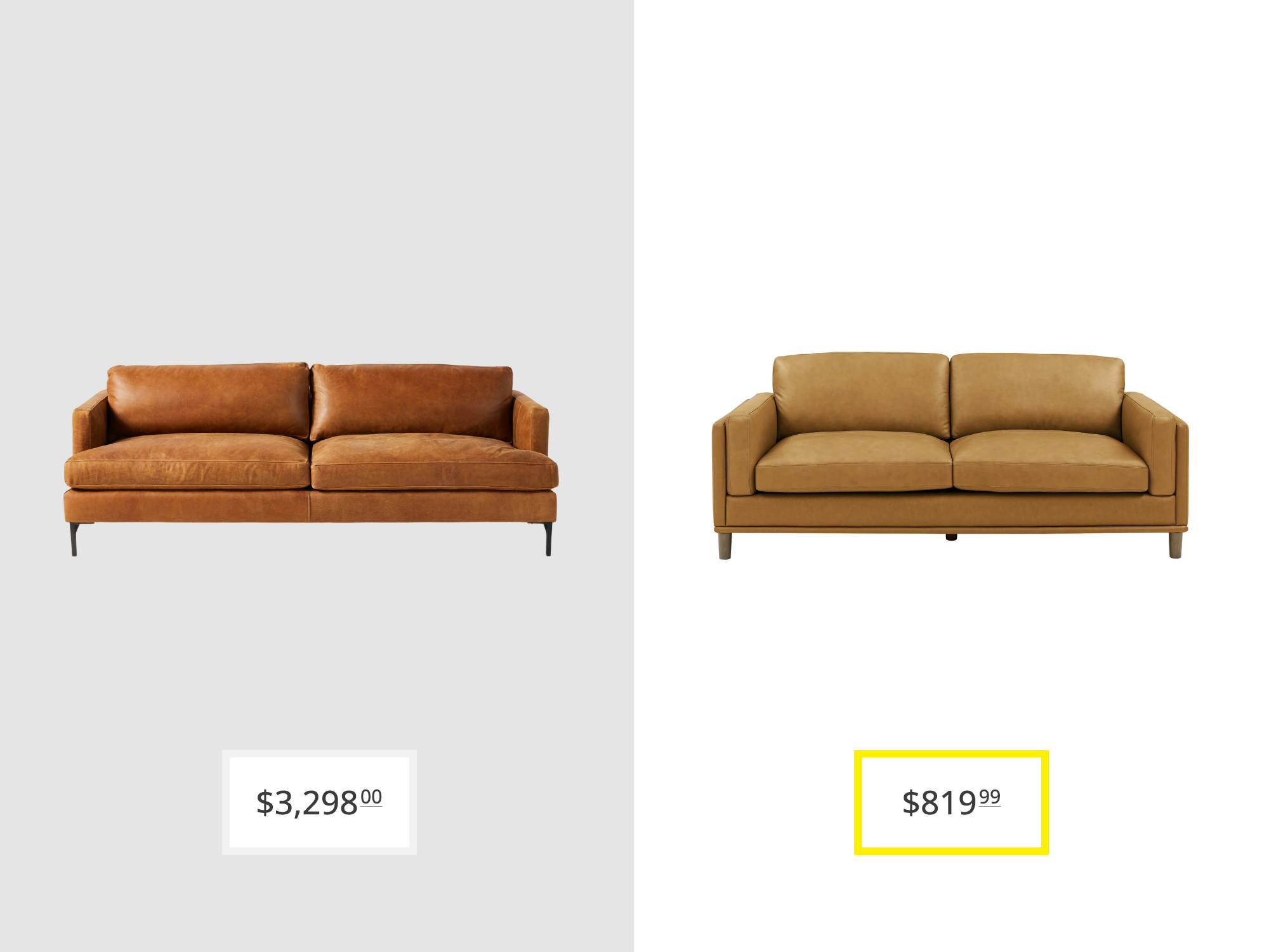 price comparison graphic with anthropologie bowen leather sofa and wade logan salix upholstered sofa