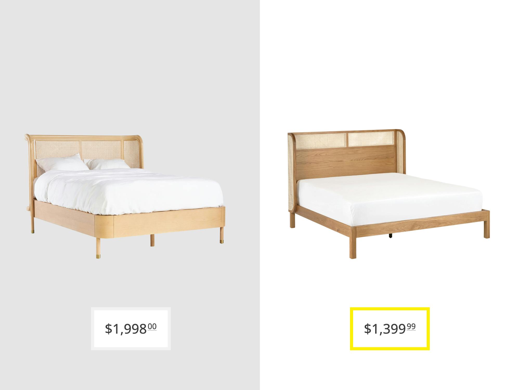 price comparison graphic with anthropologie heatherfield rattan queen bed and candra oak queen bed