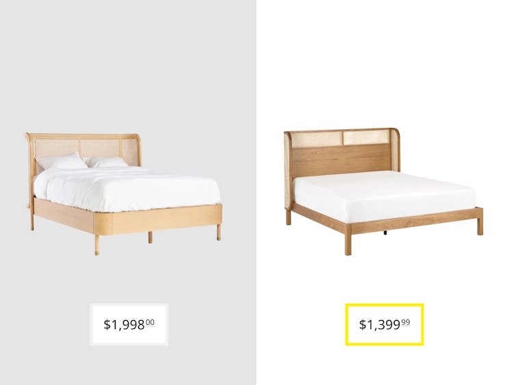 price comparison graphic with anthropologie heatherfield rattan queen bed and candra oak queen bed