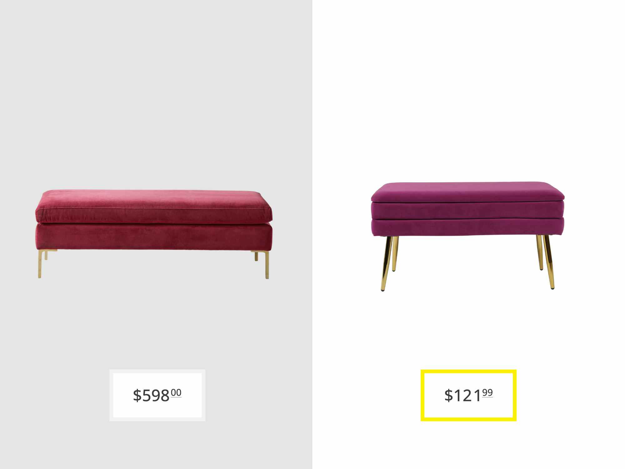 price comparison graphic with anthropologie edlyn bench and grayton storage bench