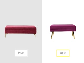price comparison graphic with anthropologie edlyn bench and grayton storage bench