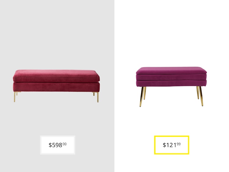 price comparison graphic with anthropologie edlyn bench and grayton storage bench