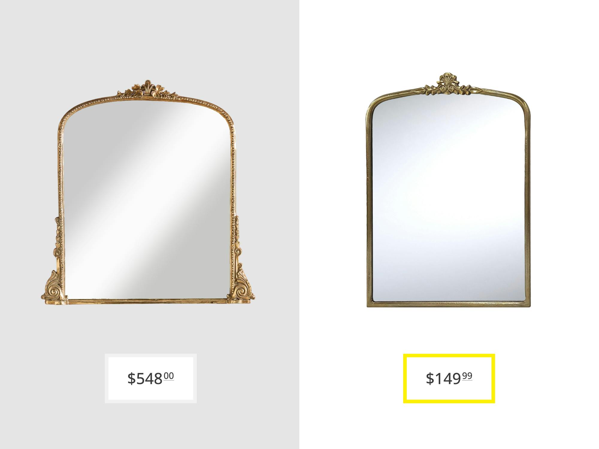 price comparison graphic with anthropologie gleaming primrose mirror and world market vintage style vanity wall mirror