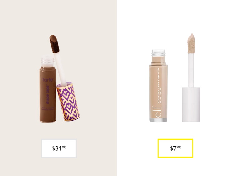 tarte shape tape and e.l.f. camo concealer price comparison graphic