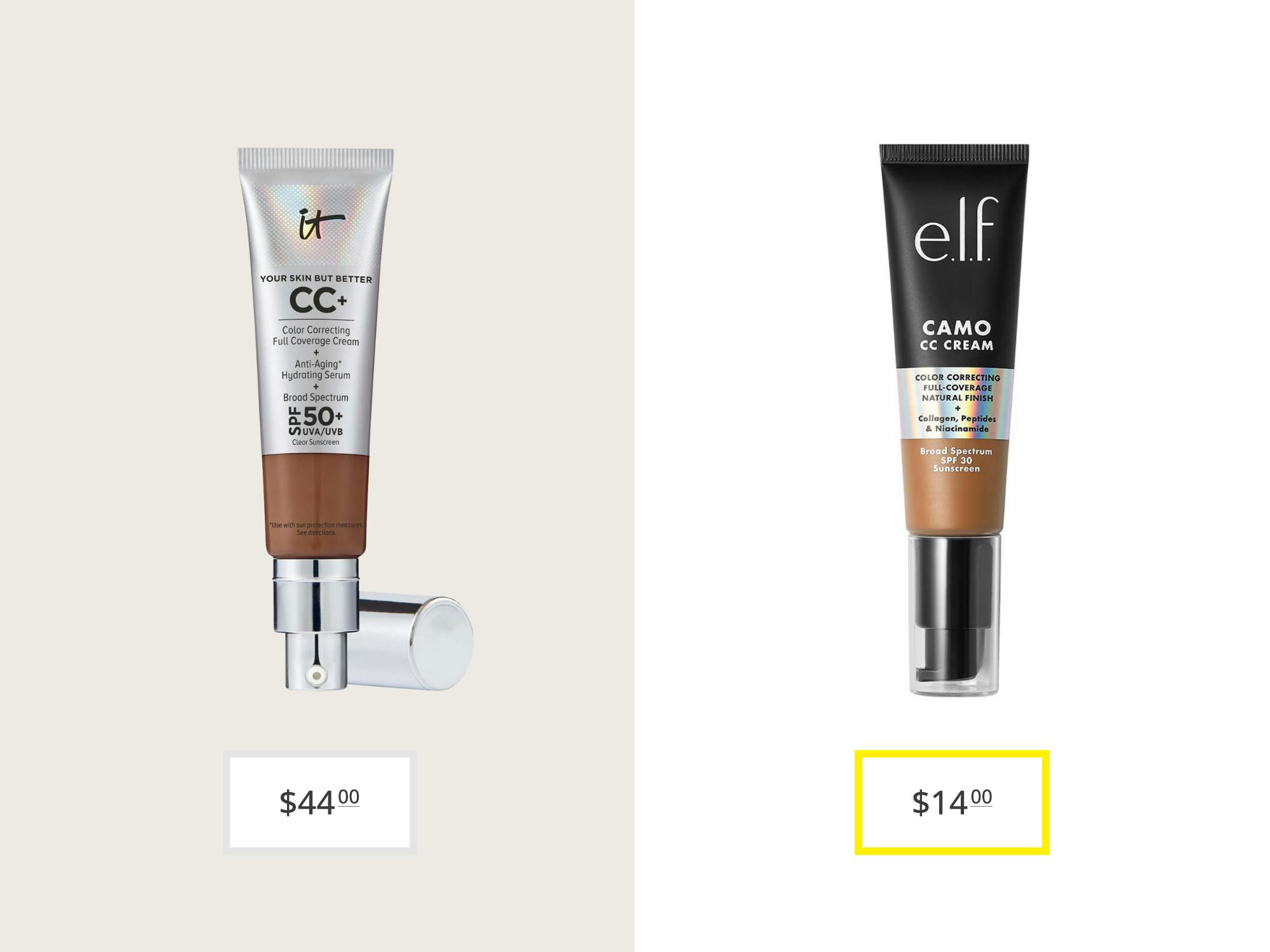 it cosmetics cc plus cream full coverage foundation and e.l.f. camo cc cream price comparison graphic