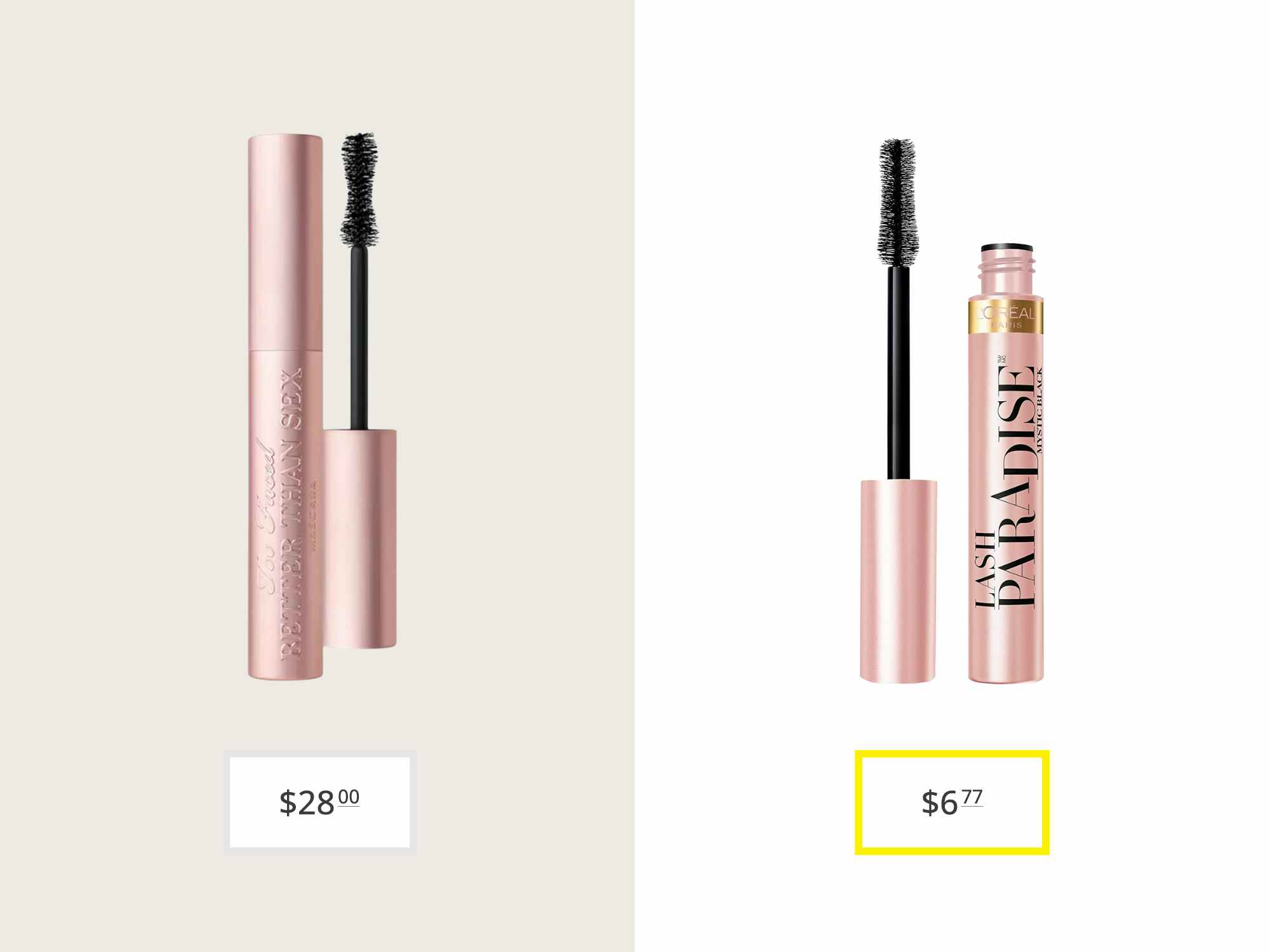 too faced better than sex mascara and loreal lash paradise mascara price comparison graphic