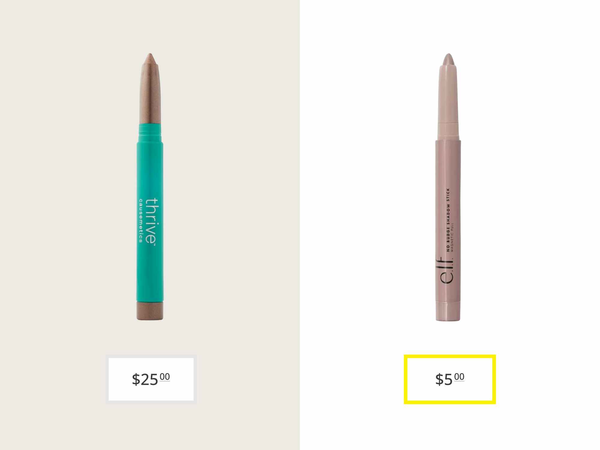 thrive cosmetics brillian eye brightener and e.l.f. cosmetics no budge shadow stick price comparison graphic