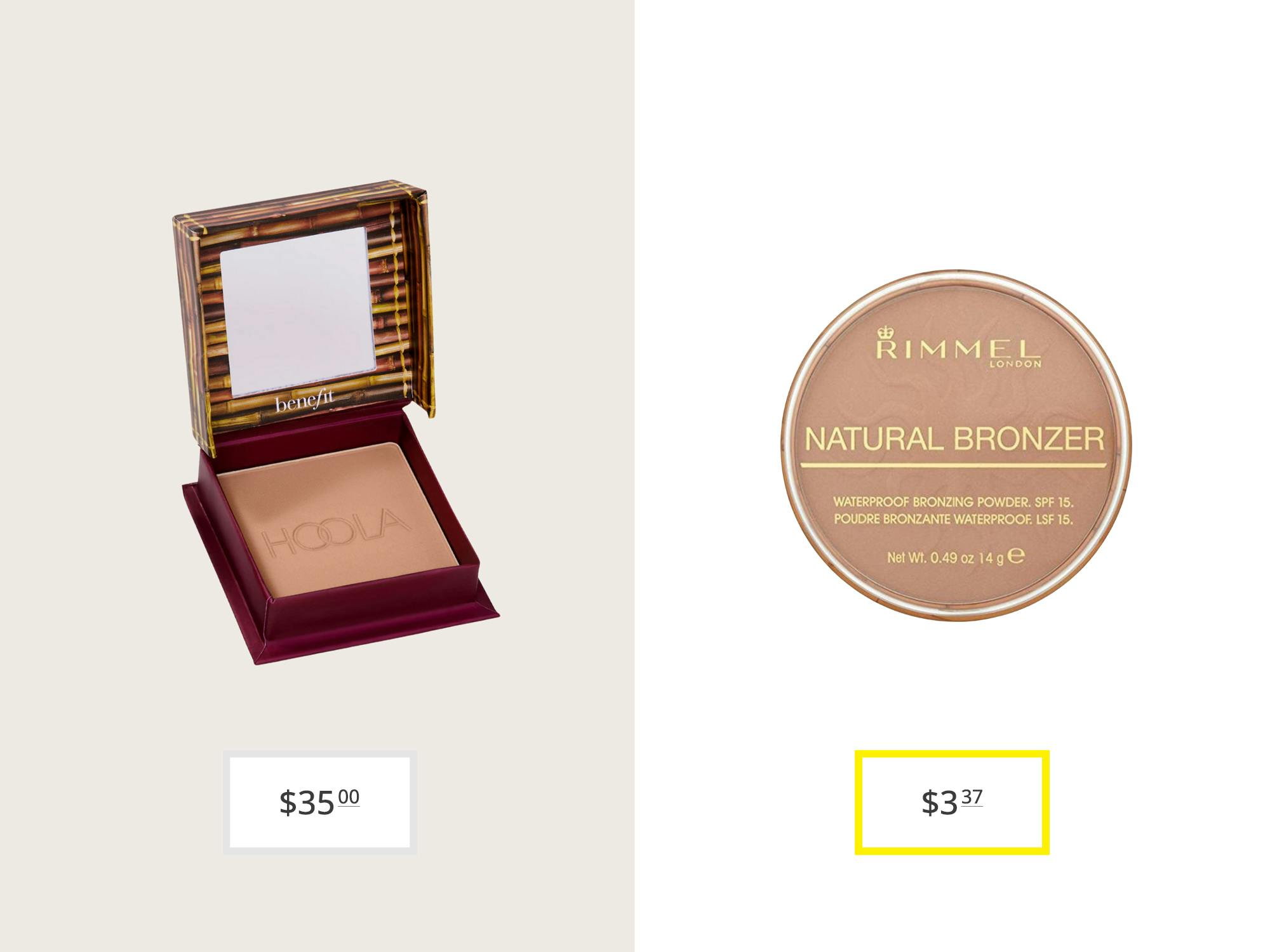 benefit cosmetics hoola bronzer and rimmel natural bronzer price comparison graphic