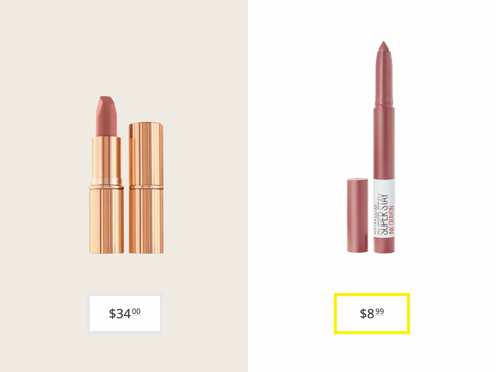 charlotte tilbury pillow talk and maybelline super stay ink crayon lipstick price comparison graphic