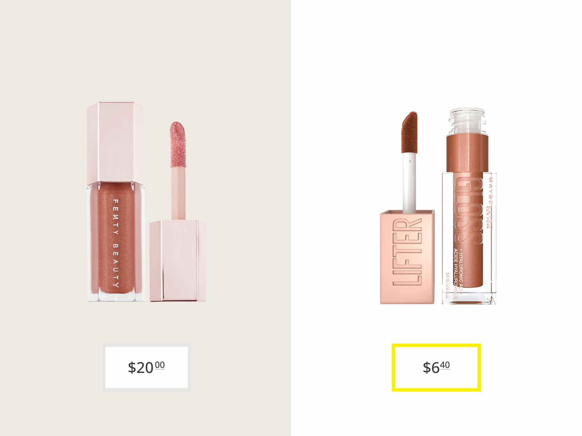 fenty beauty gloss bomb and maybelling lifter gloss lip gloss price comparison graphic