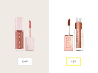 fenty beauty gloss bomb and maybelling lifter gloss lip gloss price comparison graphic