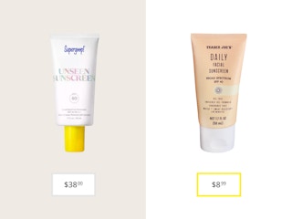supergoop unseen sunscreen and trader joes daily facial sunscreen price comparison graphic
