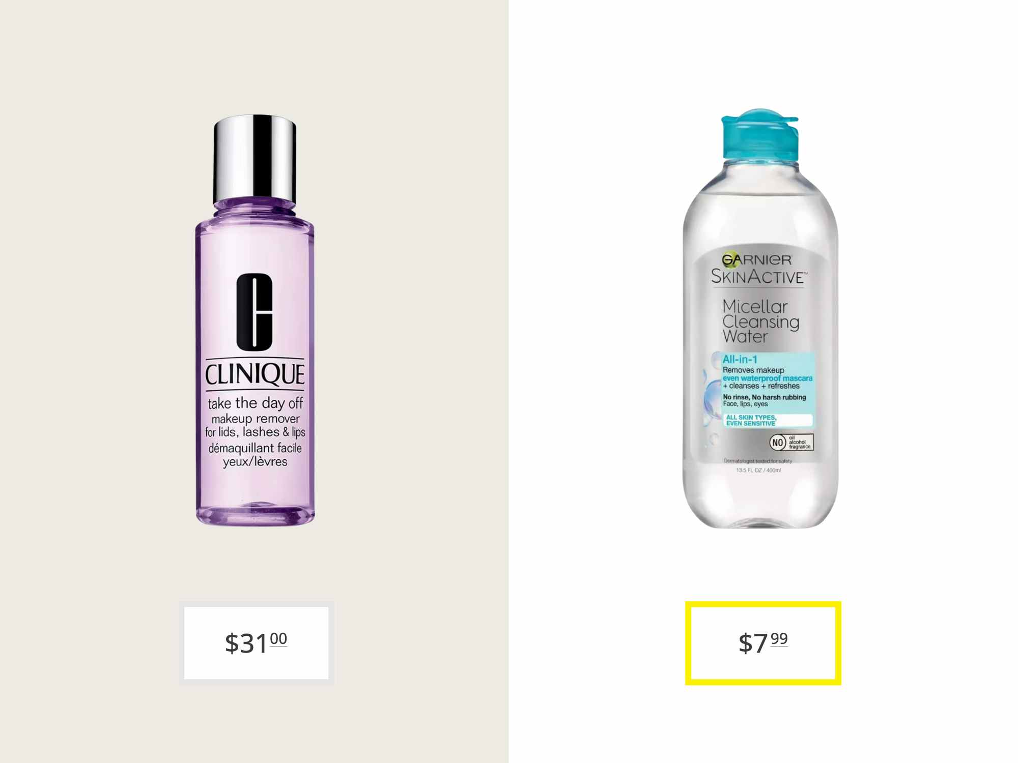 clinique take the day off makeup remover and garnier skinactive micellar cleansing water price comparison graphic