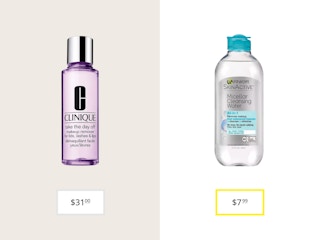 clinique take the day off makeup remover and garnier skinactive micellar cleansing water price comparison graphic