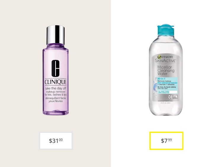 clinique take the day off makeup remover and garnier skinactive micellar cleansing water price comparison graphic