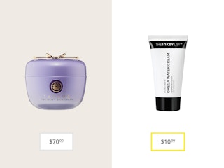 tatcha dewy skin cream and inkey list omega water cream price comparison graphic