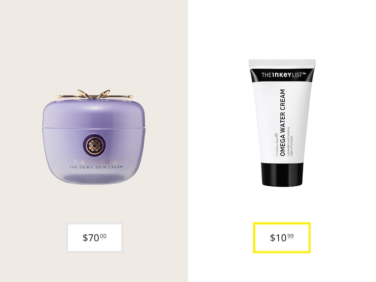 tatcha dewy skin cream and inkey list omega water cream price comparison graphic
