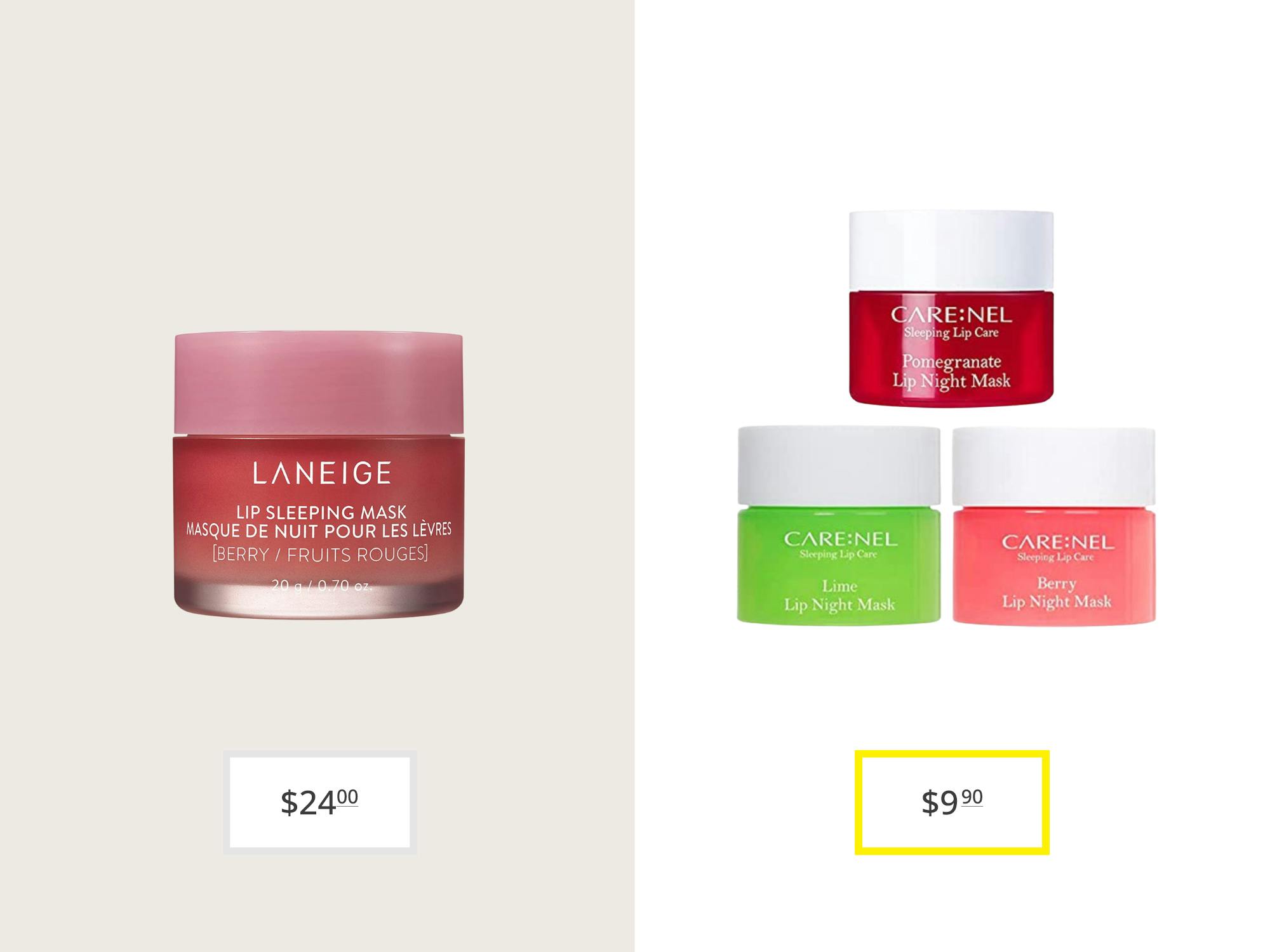 laneige lip sleeping mask and carenel lip sleeping mask three count price comparison graphic