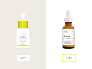 drunk elephant virgin marula oil and the ordinary cold-pressed virgin marula oil price comparison graphic