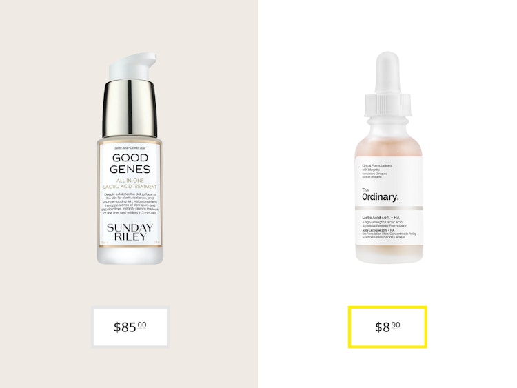 sunday riley good genes aha lactic acid and the ordinary lactic acid price comparison graphic
