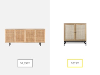 pottery barn cane console table and wayfair aoche 2-door accent cabinet dupe