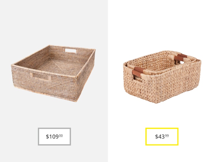 pottery barn tava handwoven rattan storage basket and highland dunes janet 3-piece wicker basket set dupe