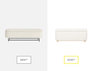 pottery barn melrose upholstered storage bench and article maribo ibory boucle storage ottoman dupe