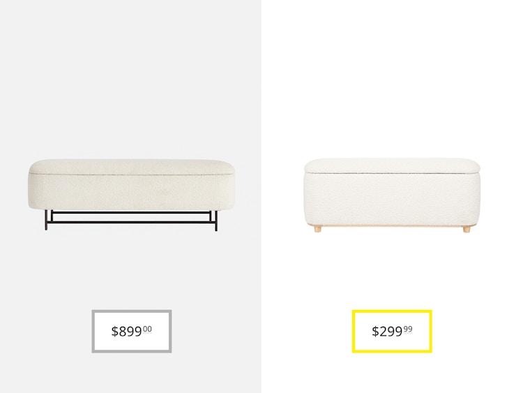 pottery barn melrose upholstered storage bench and article maribo ibory boucle storage ottoman dupe