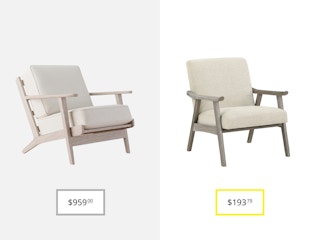 pottery barn raylan upholstered armchair and weldon mid-century upholstered chair dupe