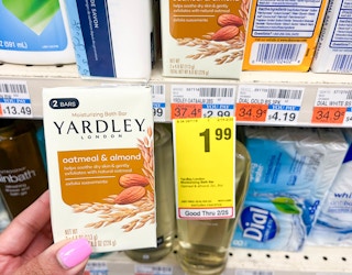 hand holding 2-pack of Yardley London Oatmeal & almond soap bars next to sales tag