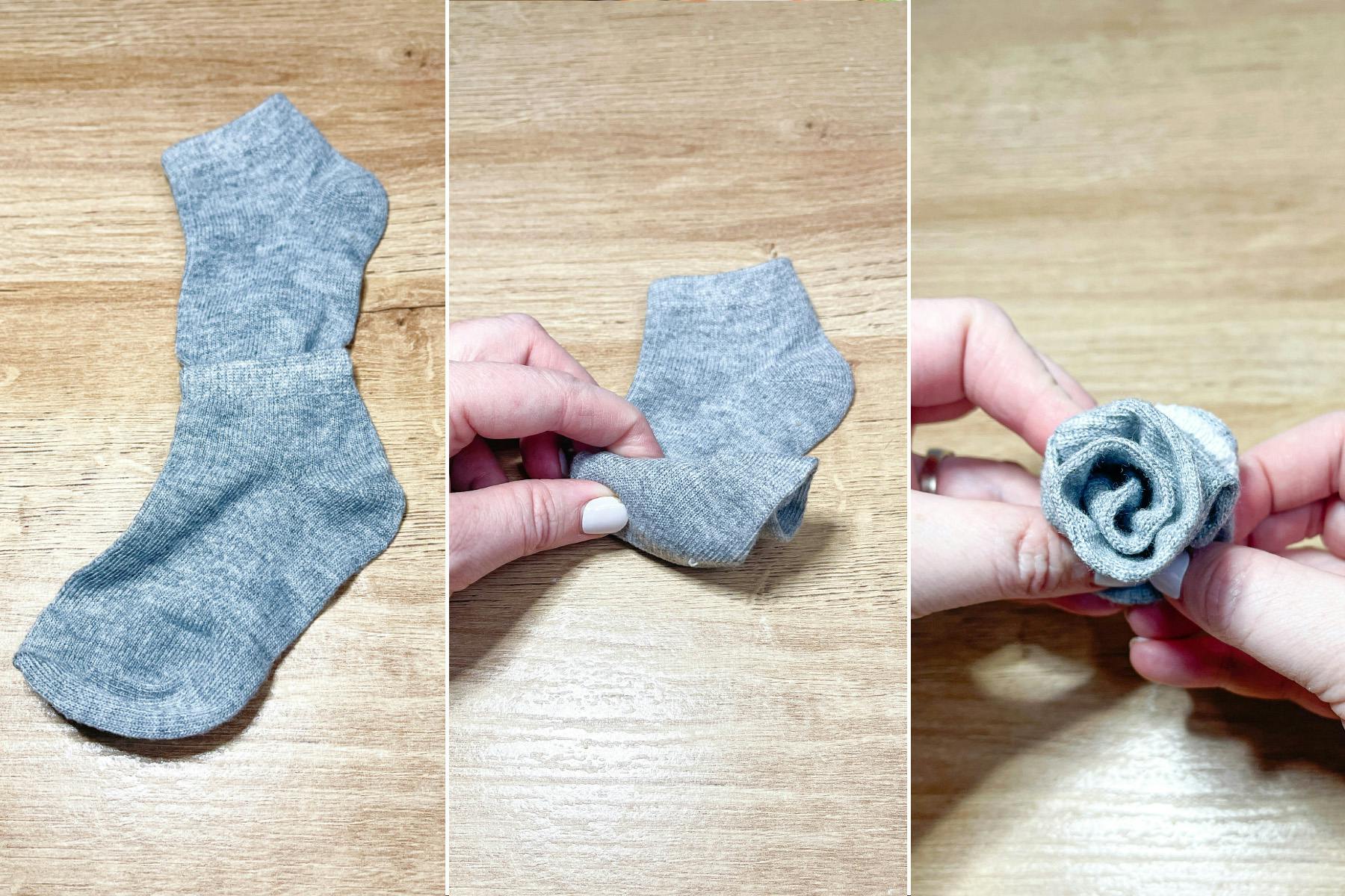 three images of baby socks being rolled into a flower shape 