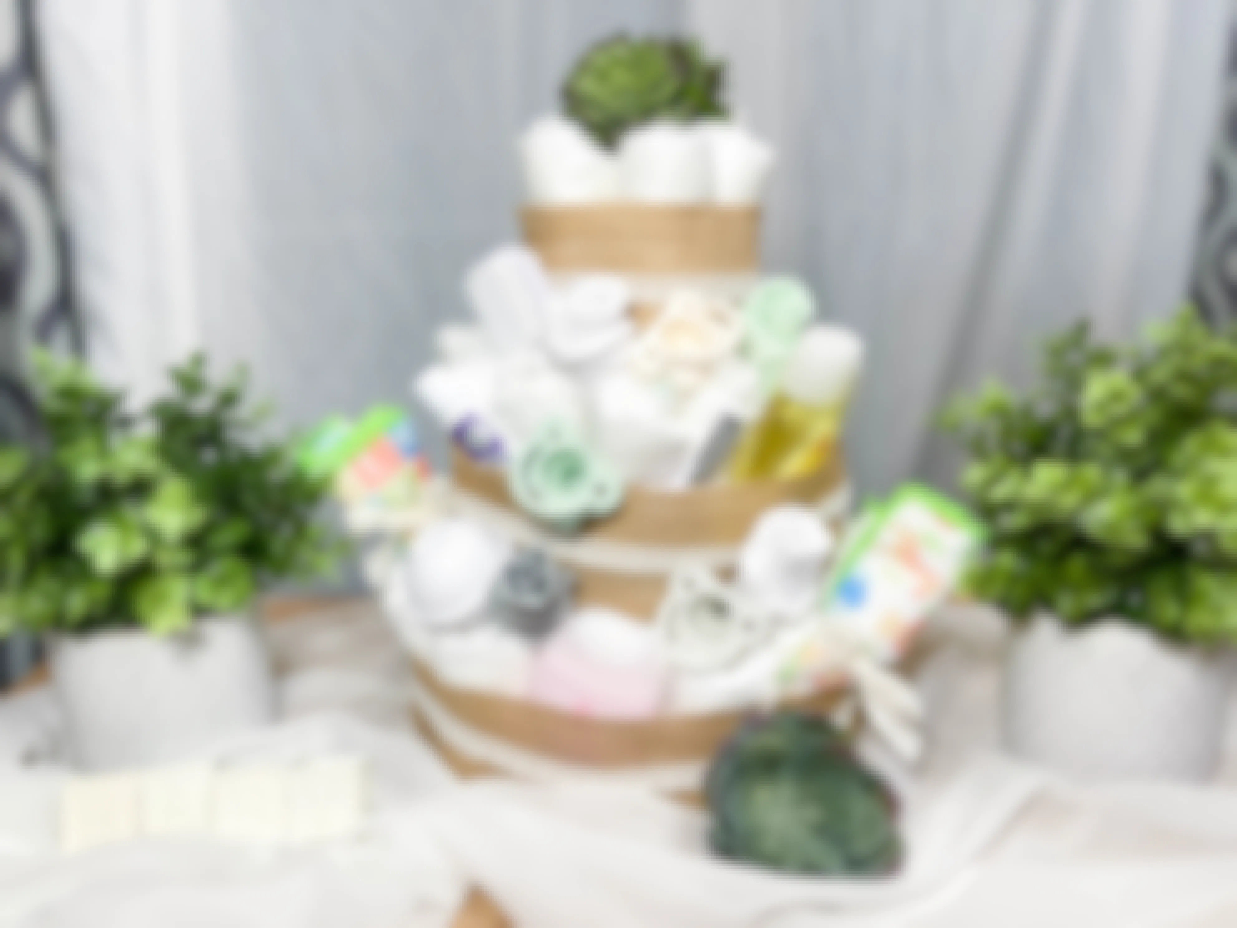 a diy diaper cake sitting on a table