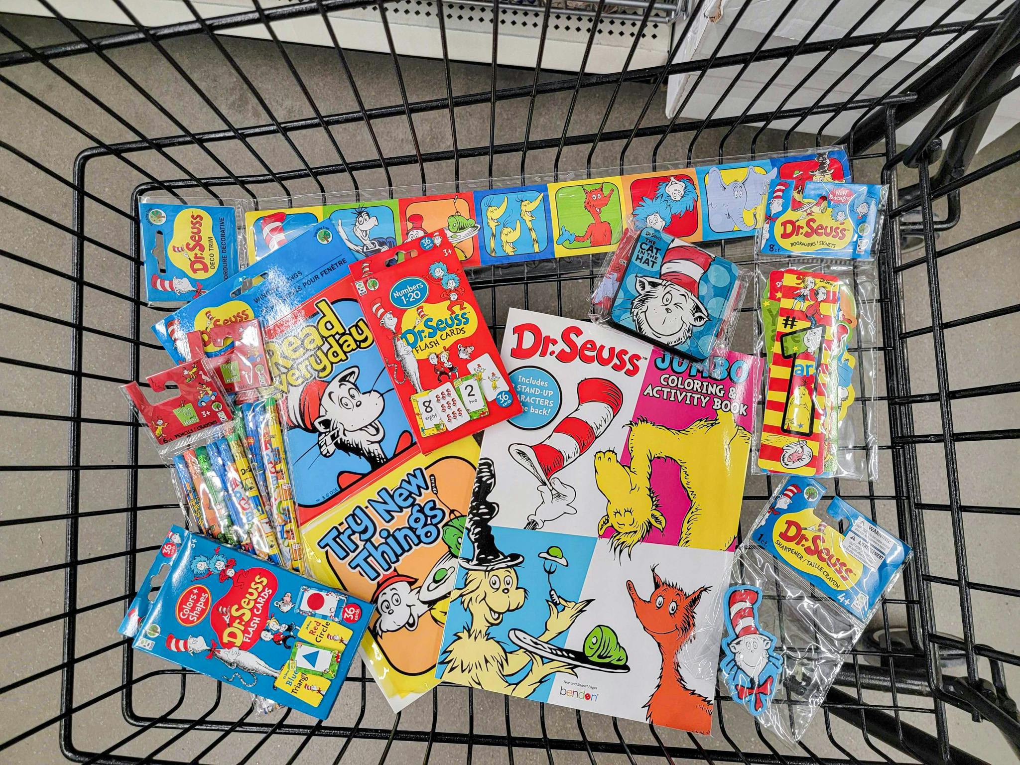 dr seuss merchandise in a cart