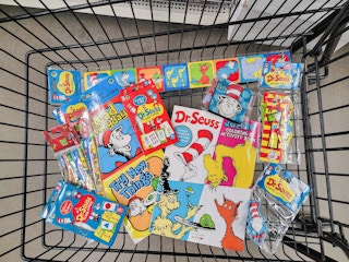 dr seuss merchandise in a cart