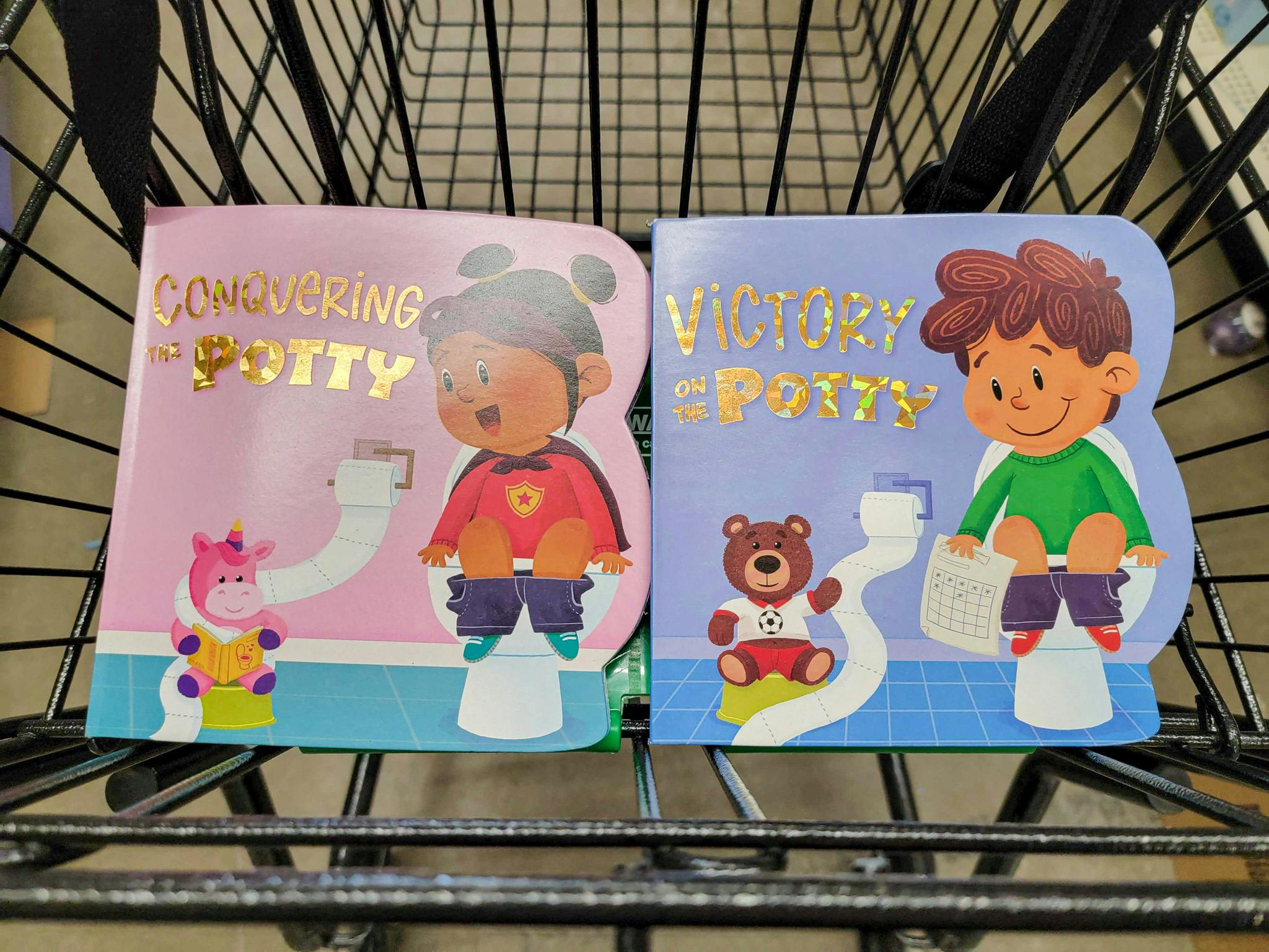 kids potty training books in a cart