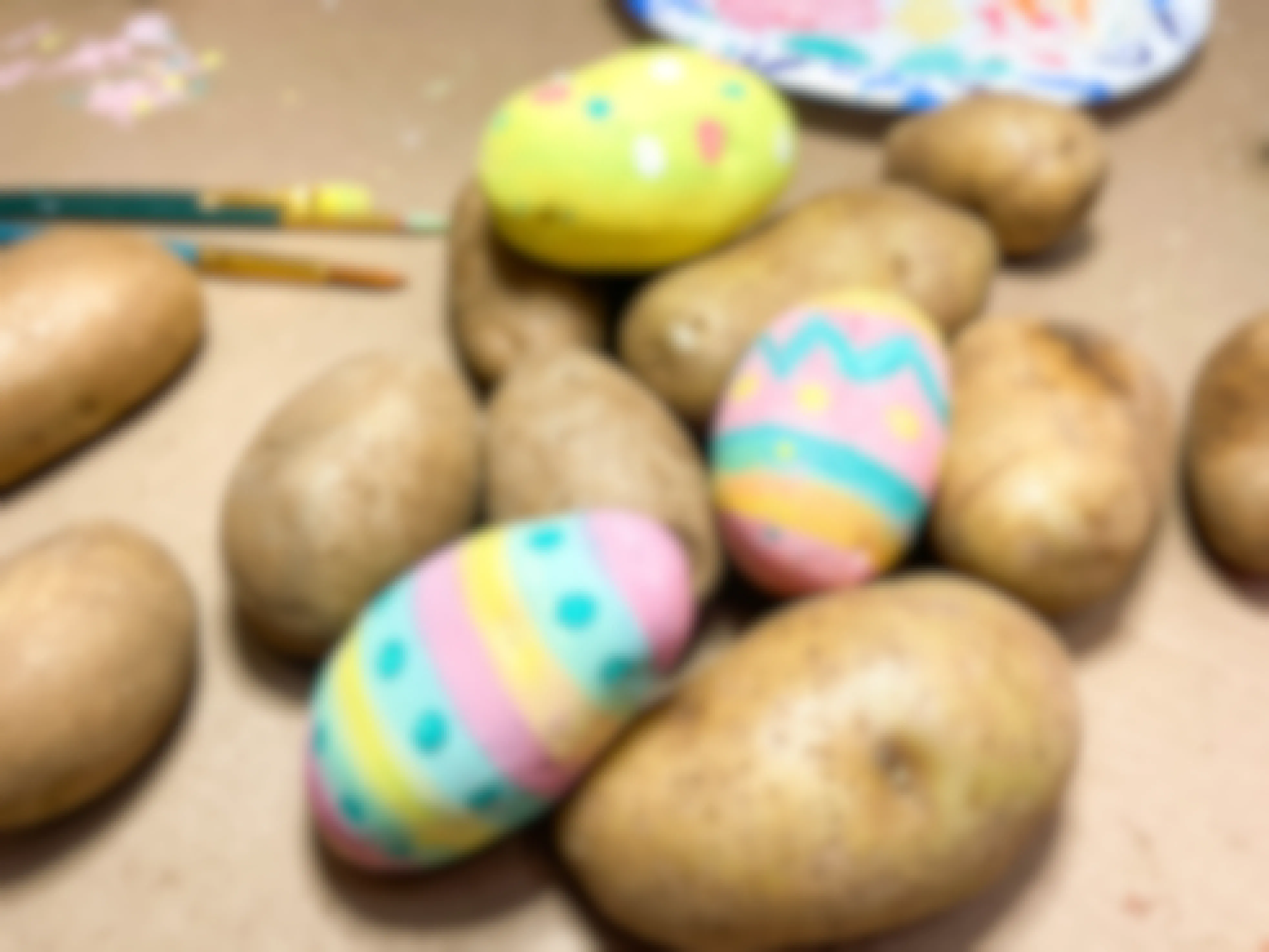 painted potatoes to look like an easter eggs with unpainted potatoes 