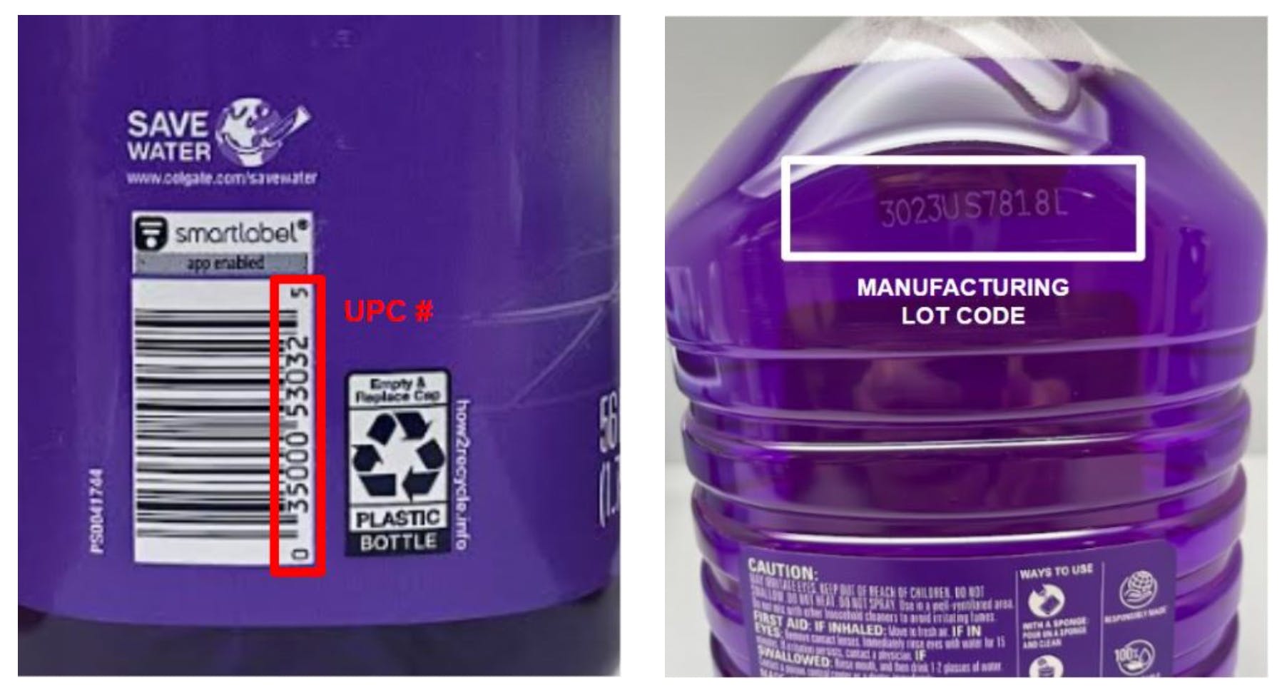 Location of the UPC and lot code information on recalled Fabuloso products.
