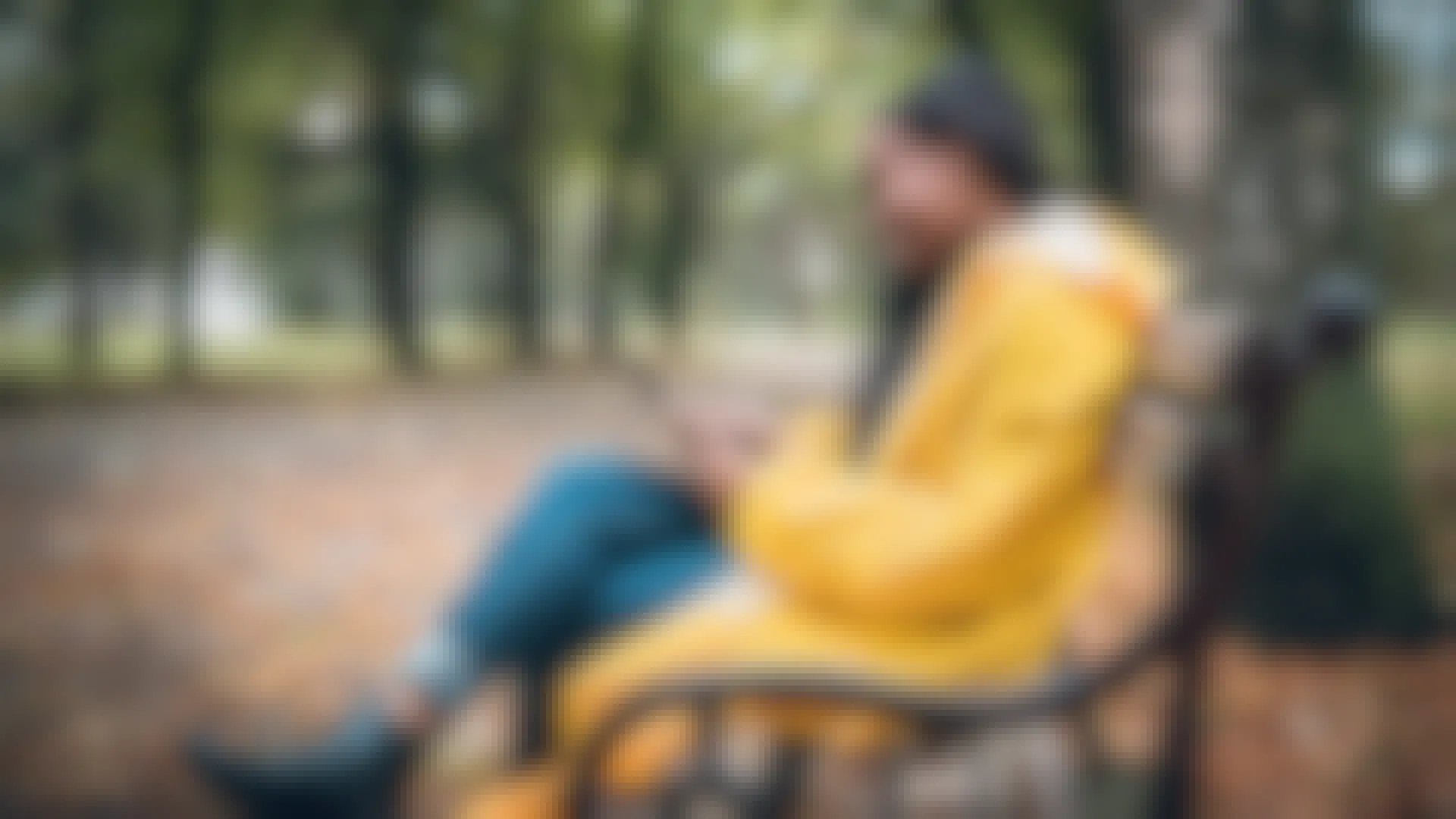 Person Looking at the phone while sitting on a park bench