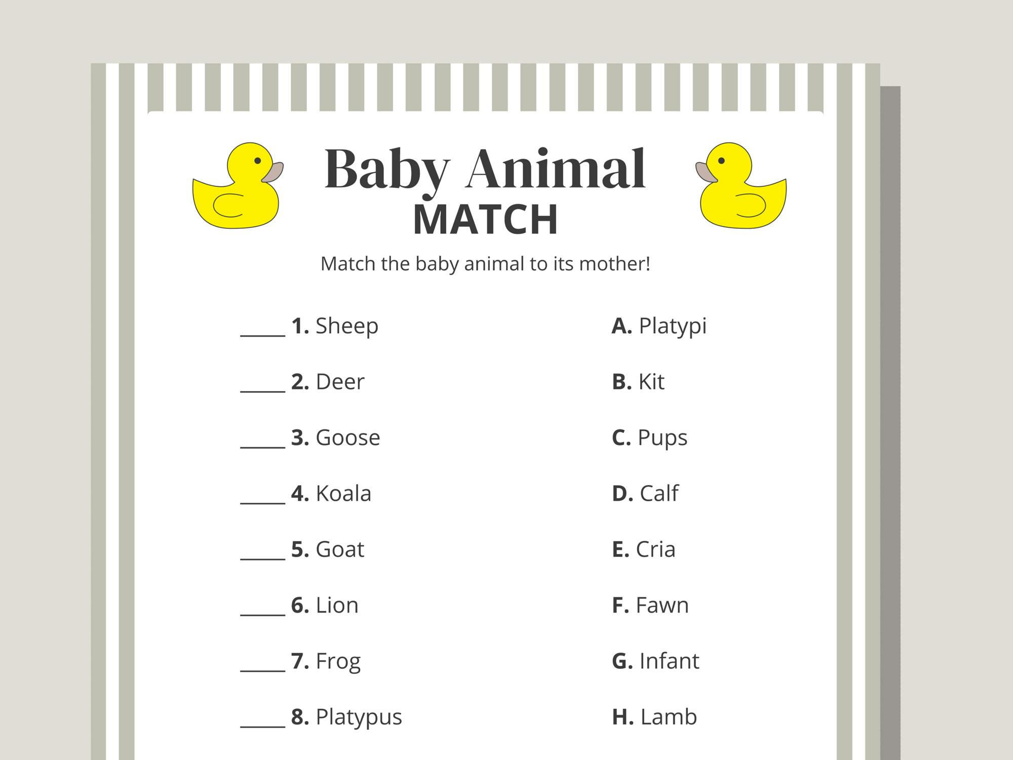 baby shower baby animal match game printable