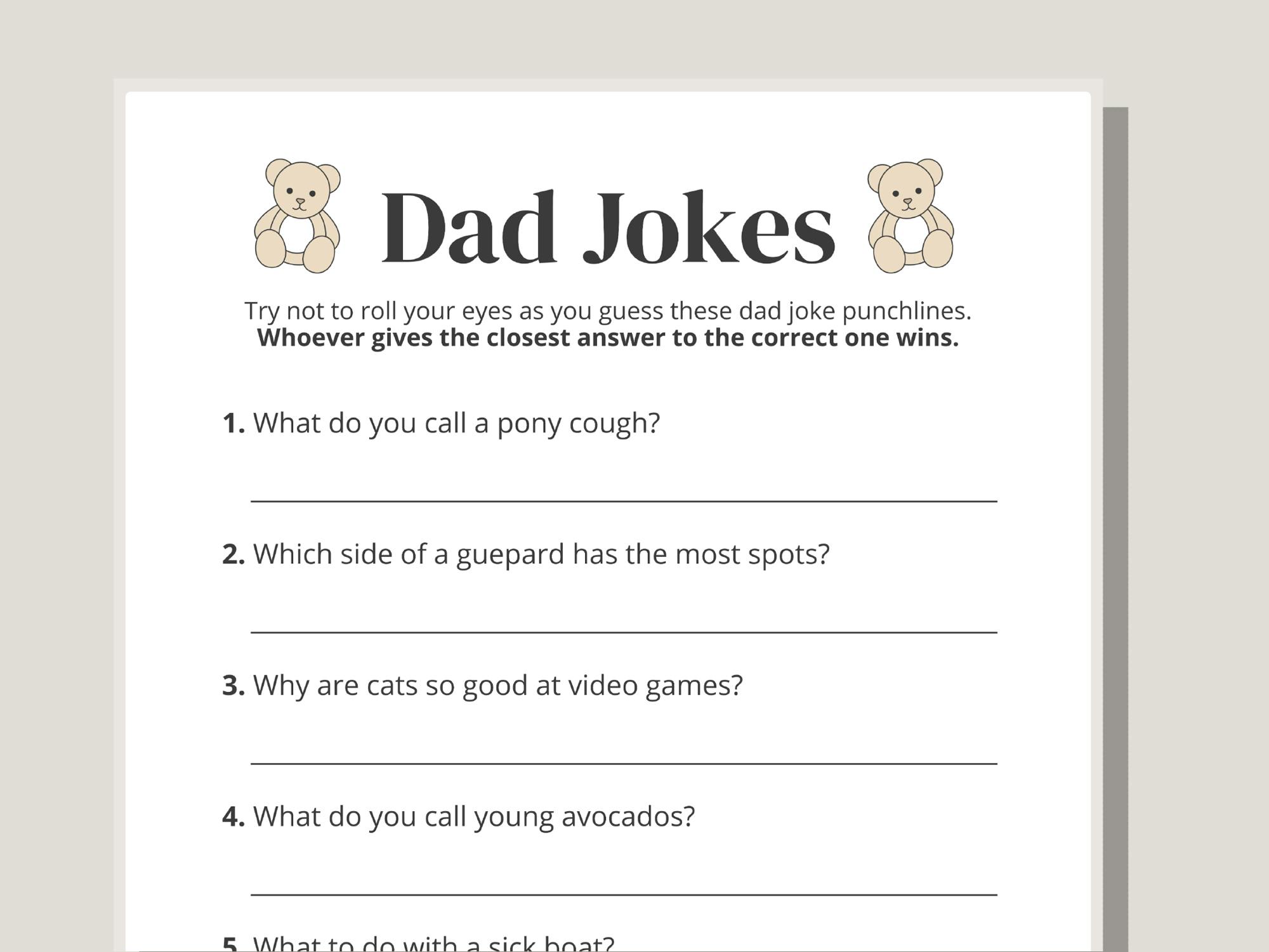 baby shower dad jokes game printable