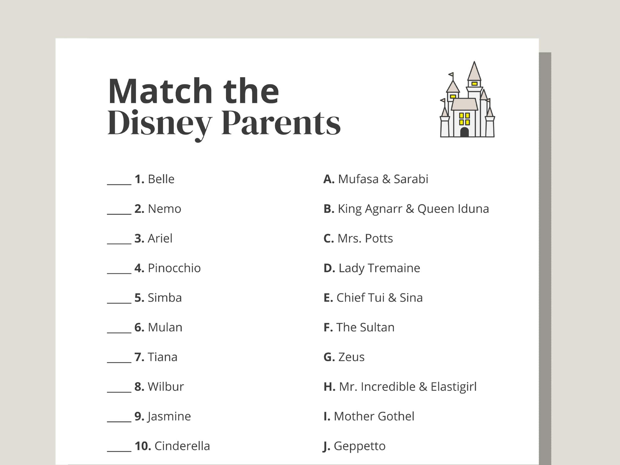 baby shower match the disney parents game printable