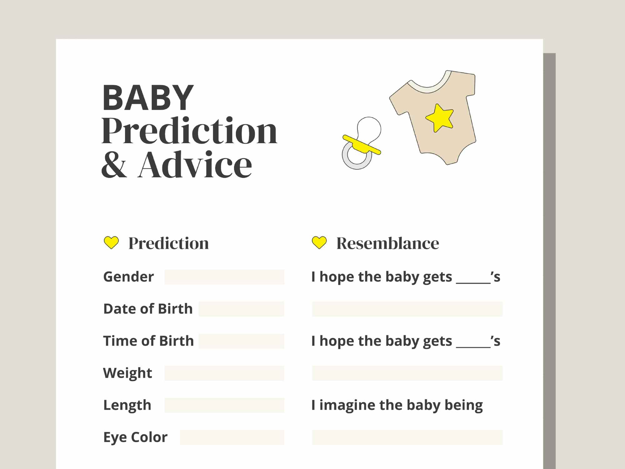 baby shower baby prediction and advice printable