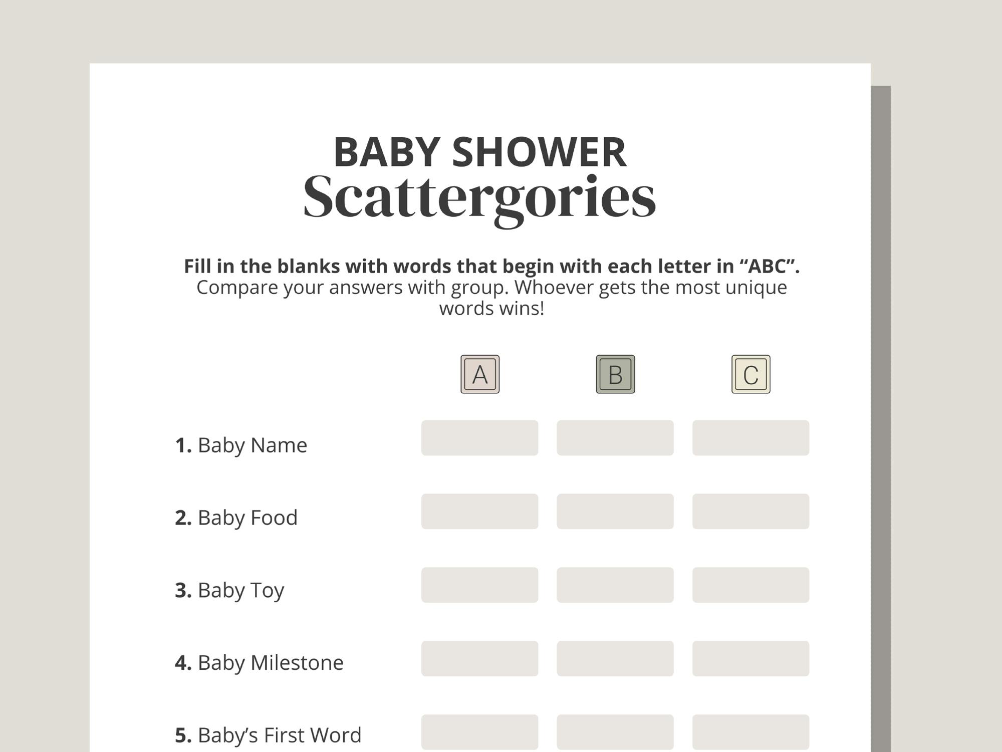 baby shower scattergories game printable