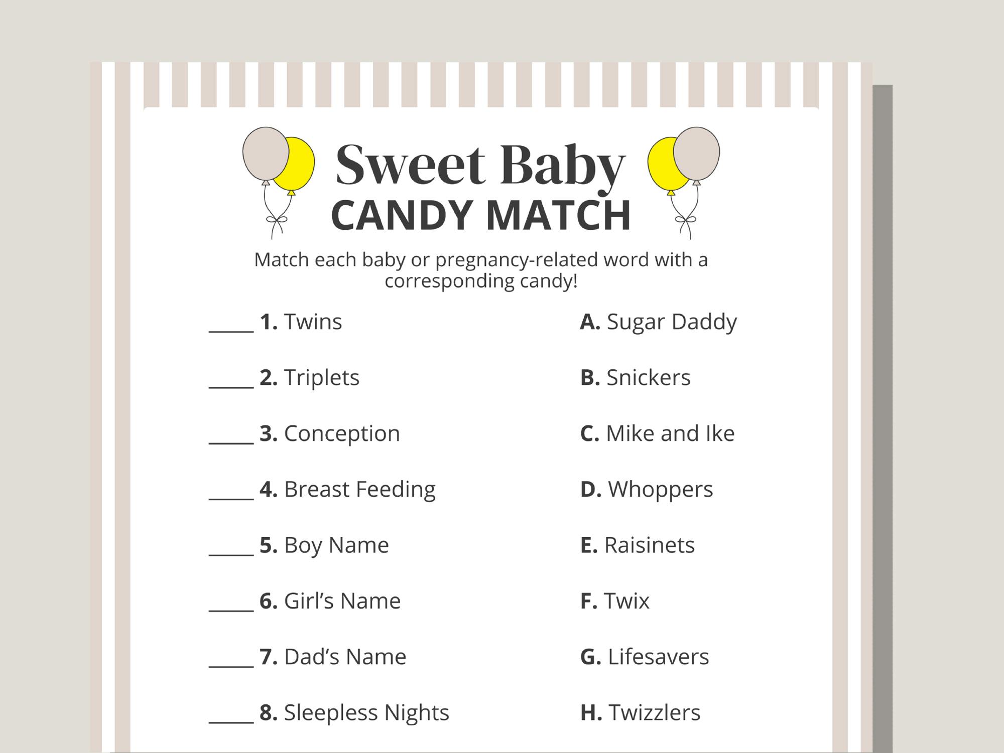 baby shower sweet baby candy match game printable