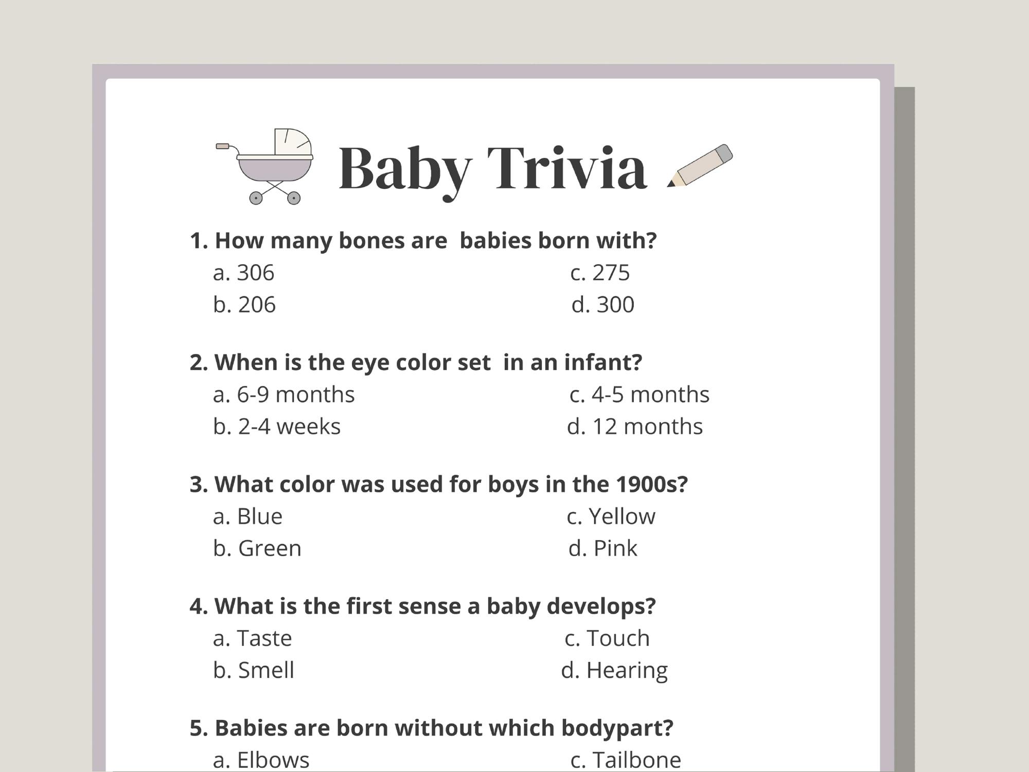 baby shower baby trivia game printable