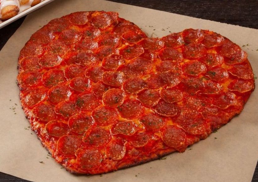 A heart shaped pizza from donatos